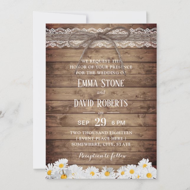 Invitation Fleurs de marguerite rustique Mariage dentelle & T (Devant)