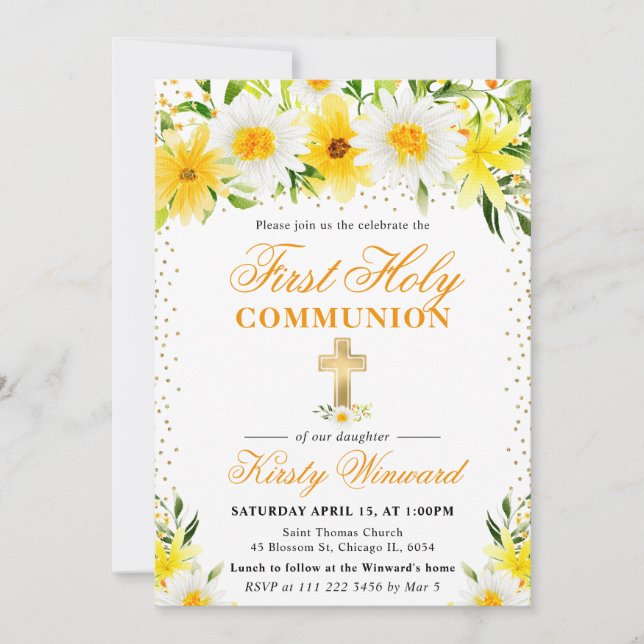 Invitation Fleurs de marguerites jaunes Première communion sa (Devant)