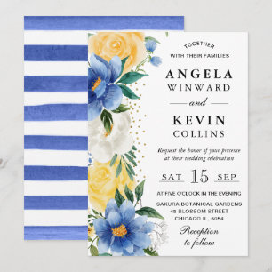Invitation Fleurs de mariage à l'aquarelle bleue et jaune