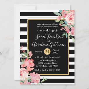 Invitation Fleurs de mariage à rayures noires et blanches Ros