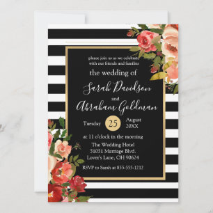 Invitation Fleurs de mariage à rayures noires et blanches Ros
