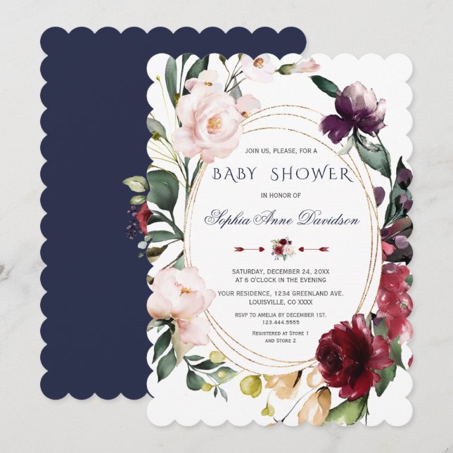 Invitation Fleurs de mariage bleu or royale Bourgogne Blush (Devant / Derrière)