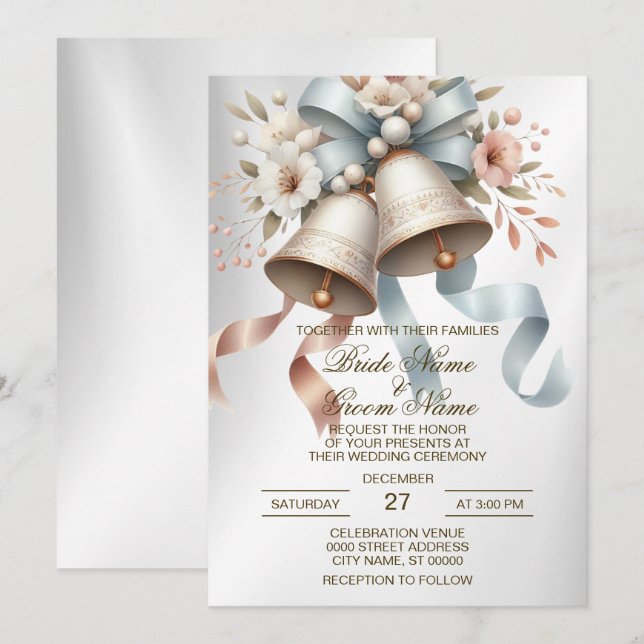 Invitation Fleurs de mariage cloches Rubans bleu rose Beau (Devant / Derrière)