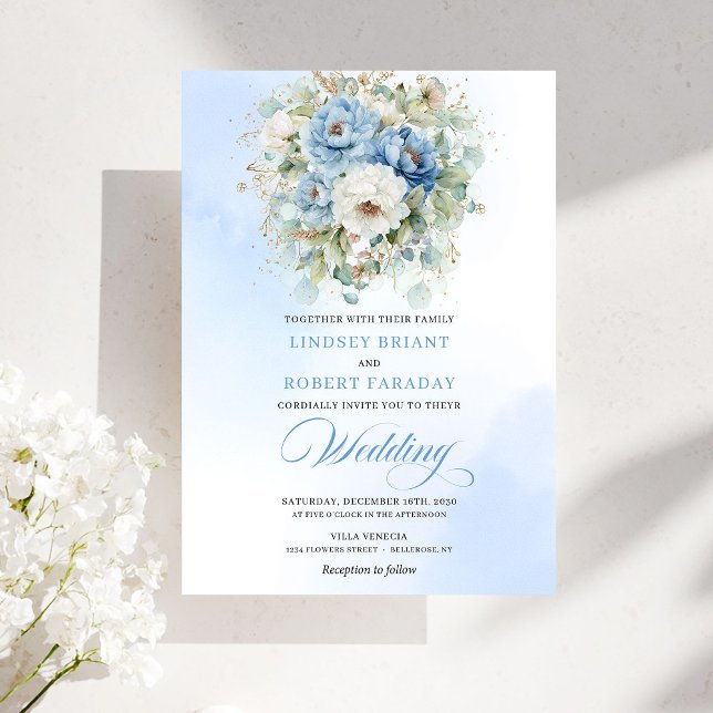 Invitation Fleurs de mariage or blanc poussiéreux de jardin (Garden Dusty Blue White Flowers Gold Wedding)