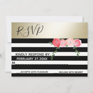 Invitation Fleurs de mariage rayées or noir/blanc RSPV