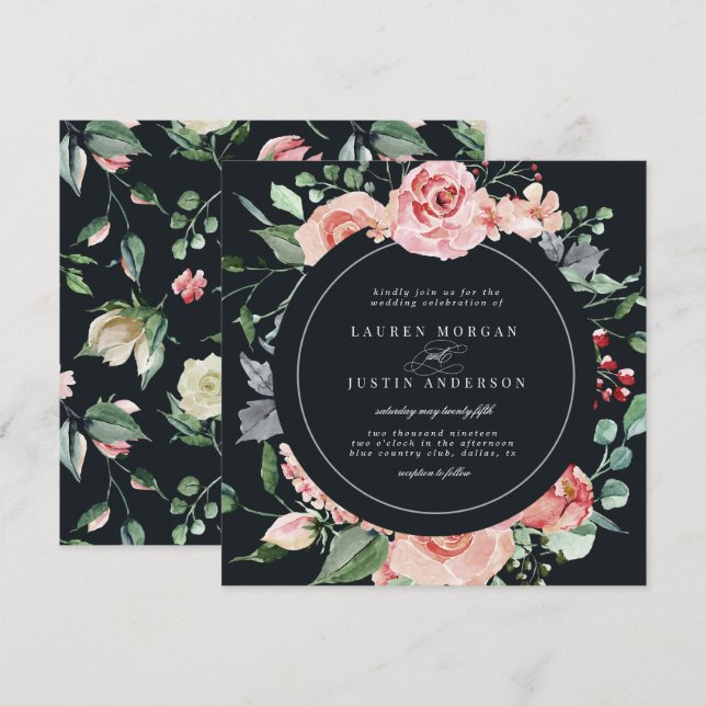 Invitation fleurs de minuit élégante carré Mariage (Devant / Derrière)