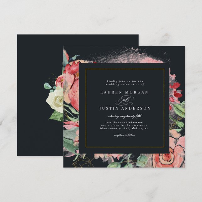 Invitation fleurs de minuit élégante carré Mariage (Devant / Derrière)
