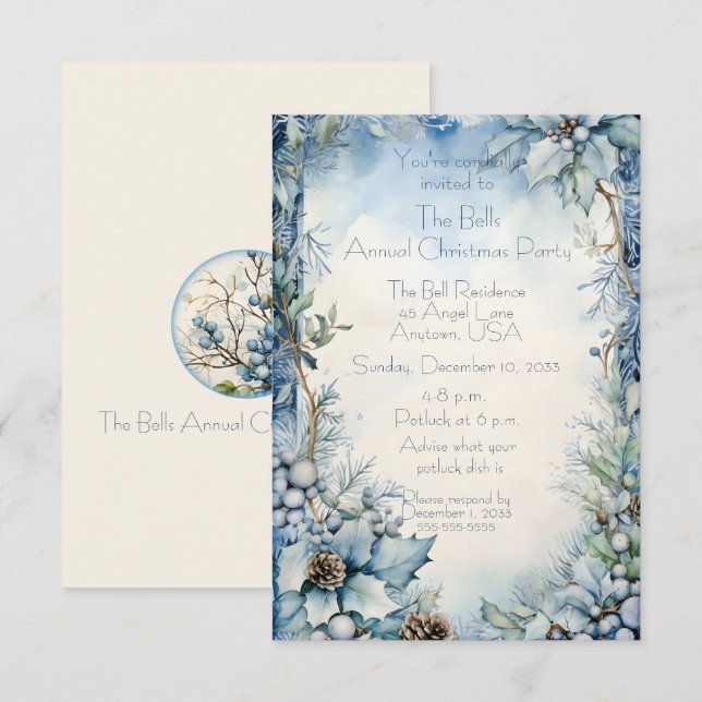 Invitation Fleurs de Noël bleues Fête de Noël annuelle (Devant / Derrière)