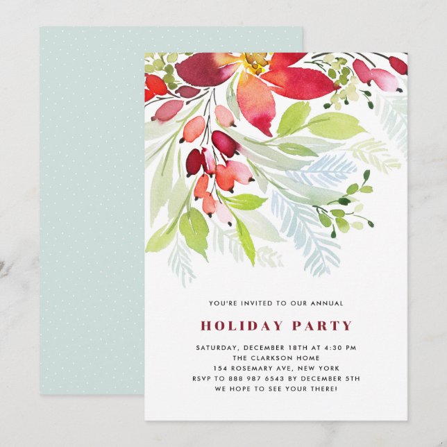 Invitation Fleurs de Noël en Aquarelle rouge Fête de Noël (Devant / Derrière)