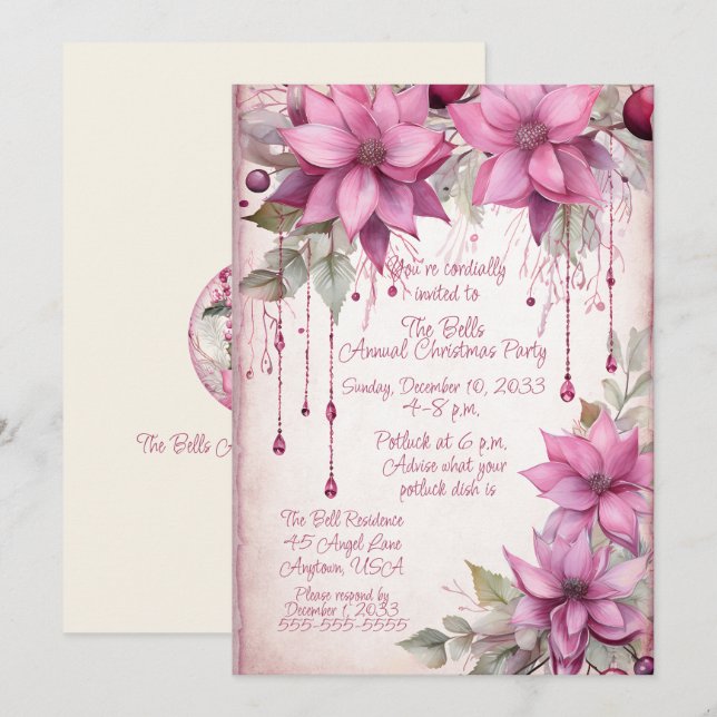 Invitation Fleurs de Noël roses Fête de Noël annuelle (Devant / Derrière)