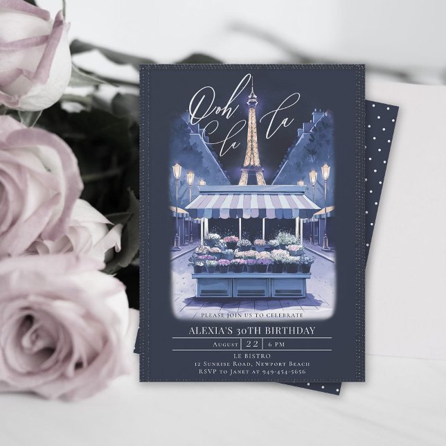 Invitation Fleurs de nuit Paris Eiffel Aquarelle Anniversaire (paris theme parisian night birthday party invitation flower stand eiffel tower watercolor)