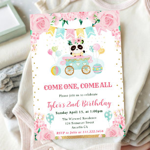Invitation Fleurs de panda rose aquarelle pour l'anniversaire