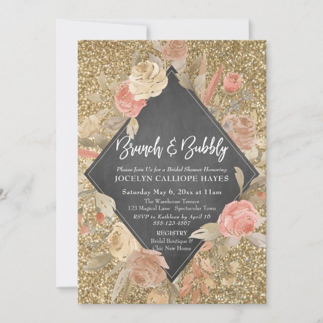 Invitation Fleurs de Parties scintillant d'or Chalkboard Brun (Devant)