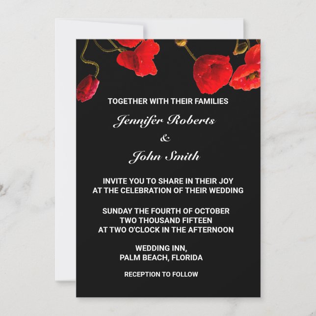 Invitation Fleurs de pavot Floral Rouge noir Mariage unique (Devant)