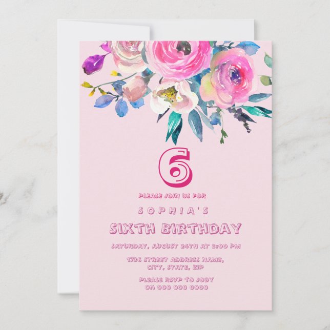 Invitation Fleurs de Peach rose Fille Enfants Anniversaire de (Devant)