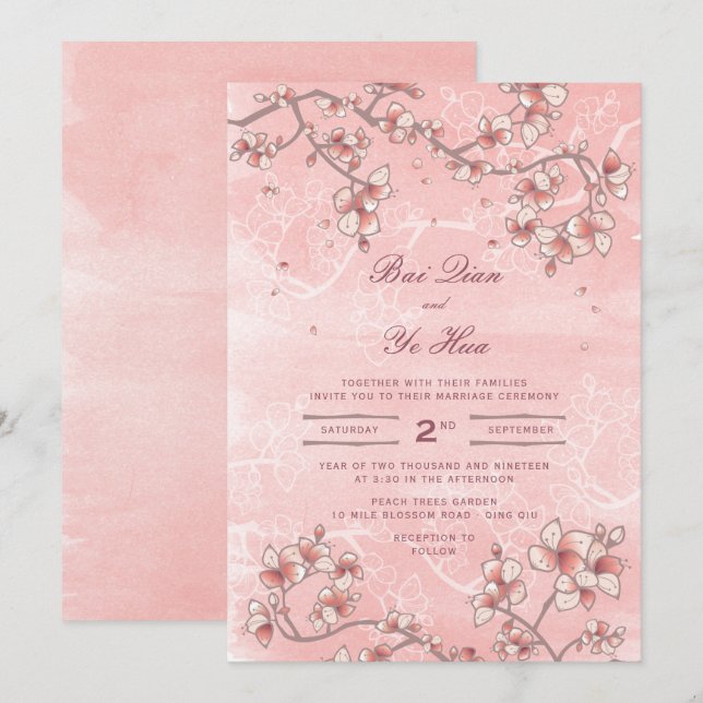 Invitation Fleurs de Peach rose Flores romantiques Mariage as (Devant / Derrière)