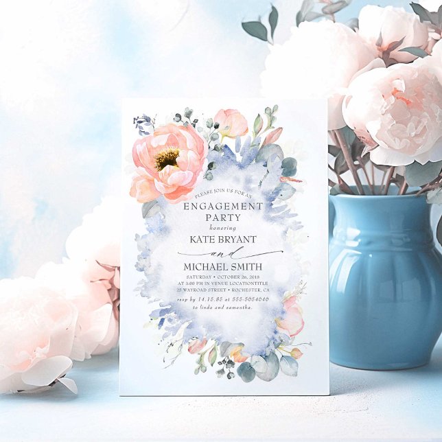 Invitation Fleurs de Pêche Dusty Bleu Élégant Partie d'engage (Dusty Blue Engagement Party Invitations)