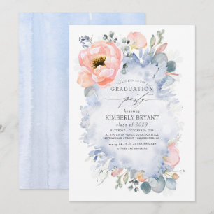 Invitation Fleurs de Pêche et verdure Dusty Blue Graduation