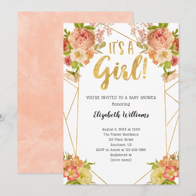Invitation Fleurs de Pêche Fille Baby shower de cadre géométr (Devant / Derrière)