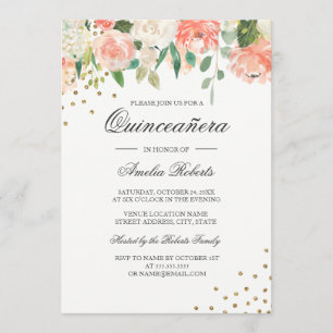 Invitation Fleurs de Pêcher Blush Aquarelle Quinceanera