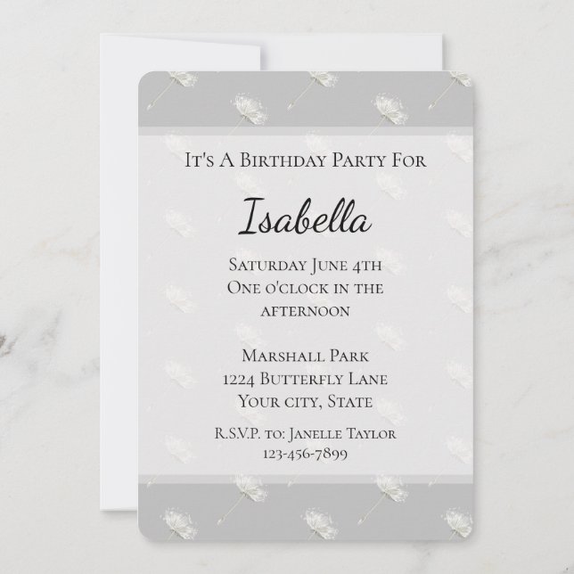 Invitation Fleurs de Pissenlit Gris Chic Anniversaire (Dos)