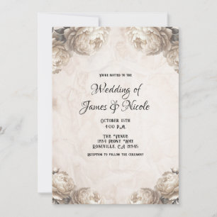 Invitation Fleurs de Pivoine Crème Mariage Vintage Rustique