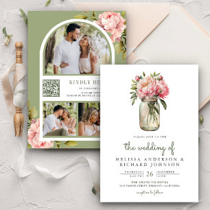Invitation Fleurs de pivoine rose doux Mason Jar QR Code Mari