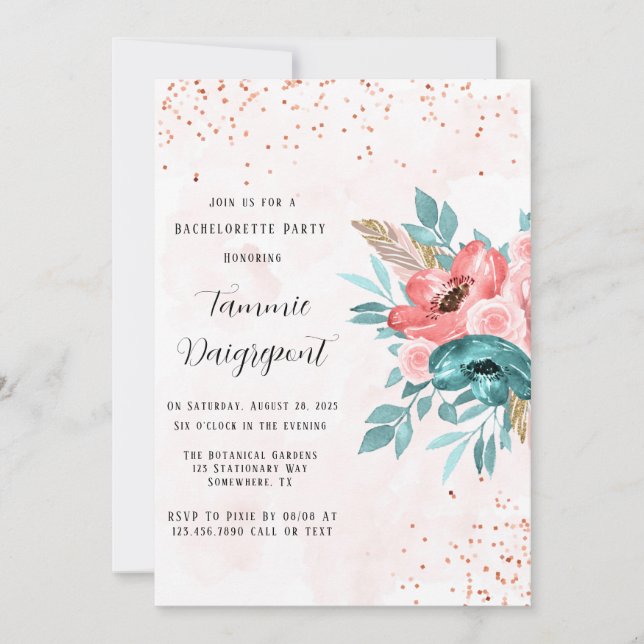 Invitation Fleurs de pivoine turquoise et rose (Devant)