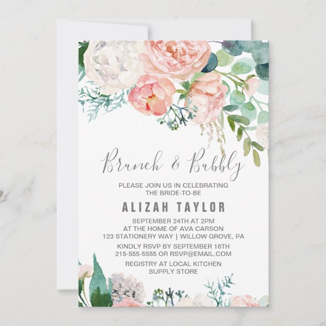 Invitation Fleurs de pivoines romantiques Brunch & Bubbly (Devant)