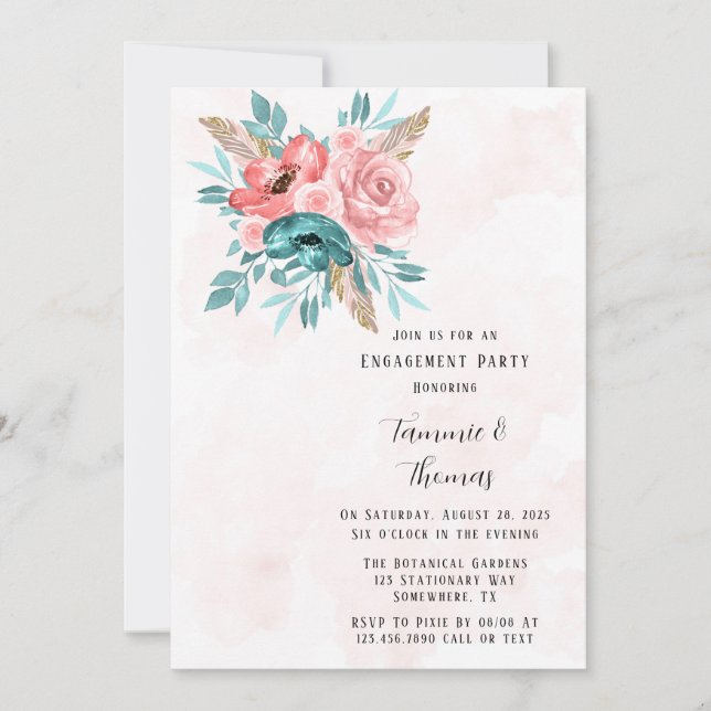 Invitation Fleurs de pivoines turquoises et roses (Devant)