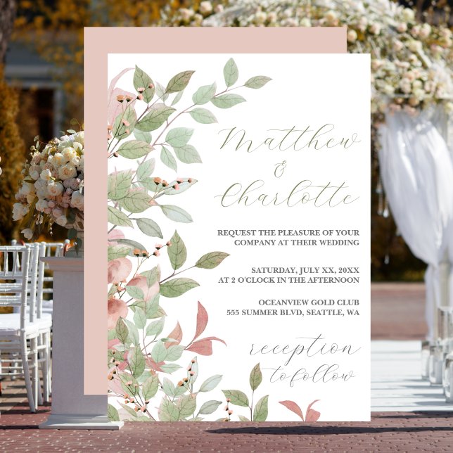 Invitation Fleurs de printemps Aquarelle Mariage rose (Watercolor Leaves, Green & Pink Wedding Invitation)