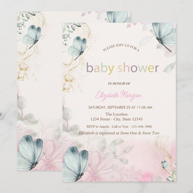 Invitation Fleurs de printemps Baby shower de papillons bleus (Devant / Derrière)