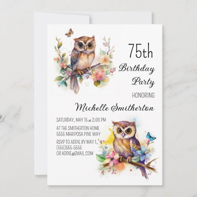 Invitation Fleurs de printemps de hibou Papillons 75e anniver (Devant)