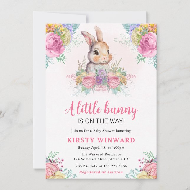 Invitation Fleurs de printemps et Baby shower de lapin d'aqua (Devant)