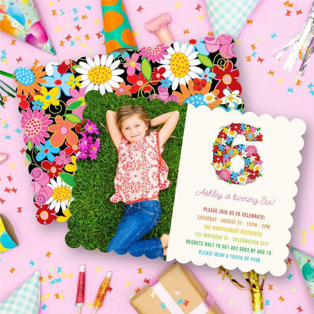 Invitation Fleurs de printemps Numéro Six Fille 6e Anniversai (Spring Flowers Number Six Girl 6th Birthday Photo Invitation @ fat_fa_tin)