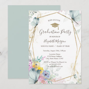 Invitation Fleurs de printemps, Papillons, Casquette de grade