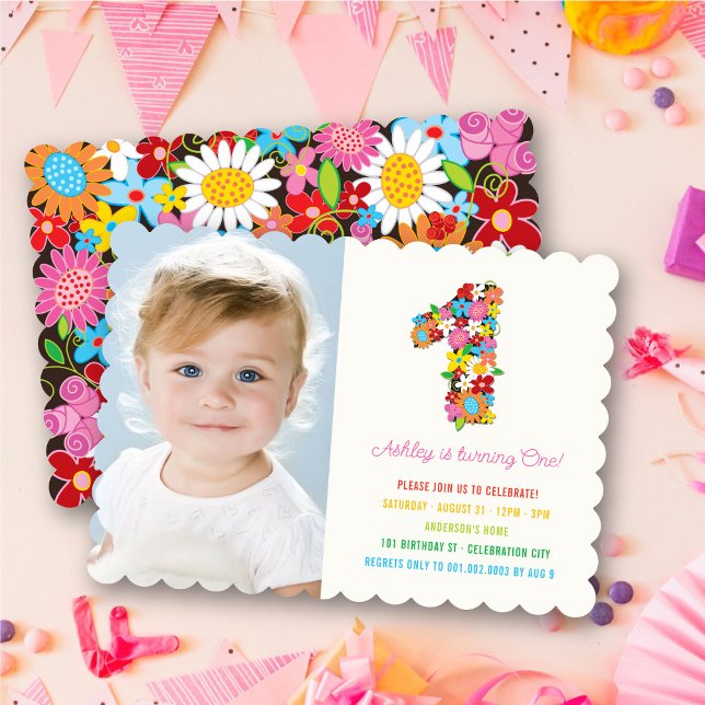 Invitation Fleurs de printemps Une fille bébé photo d'anniver (Spring Flowers Garden Blooms Number One Photo Baby Girl's 1st Birthday Party Invitation @ fat_fa_tin)