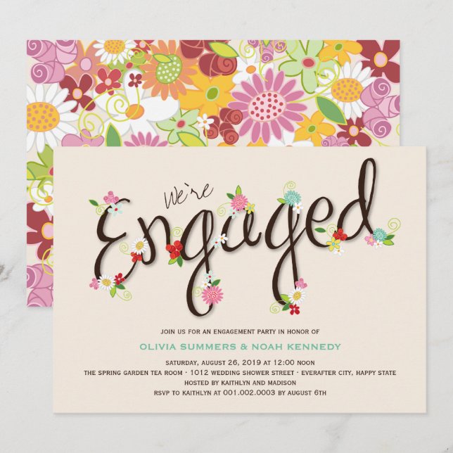 Invitation Fleurs de Printemps Whimsical Chic Engagement Part (Devant / Derrière)