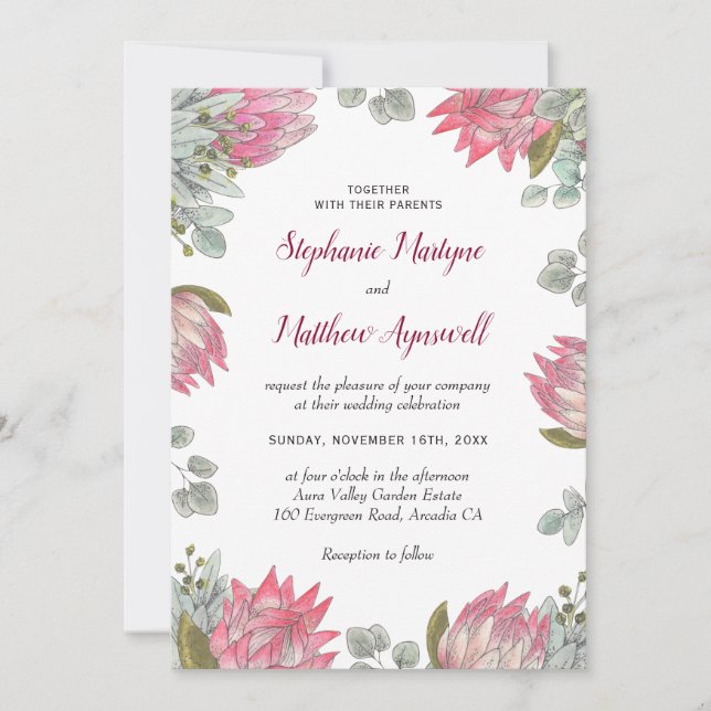 Invitation Fleurs de Protea Eucalyptus Foliage Mariage floral (Devant)