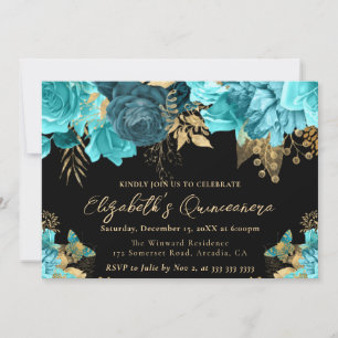 Invitation Fleurs de Quinceanera aquarelle sarcelle et or