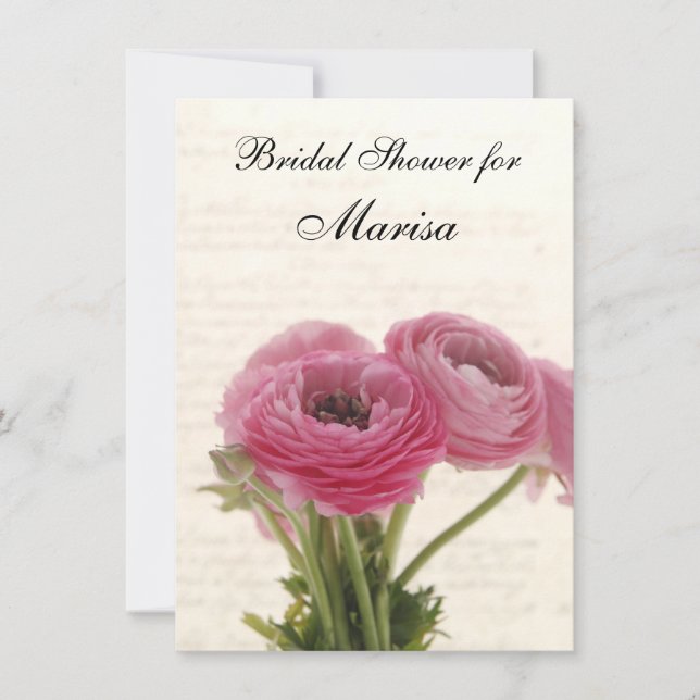 Invitation fleurs de ranunculus rose sur la douche de mariée  (Devant)