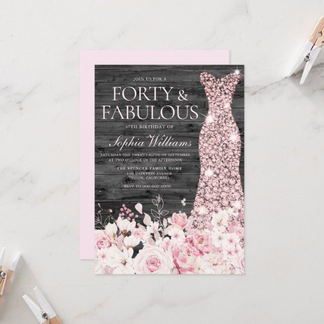 Invitation Fleurs de Robe Noire Fête du 40e anniversaire (Devant/Arrière en situation)