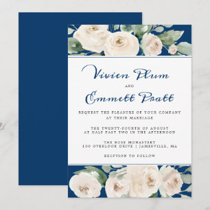 Invitation Fleurs de rose blanche sur mariage bleu marine