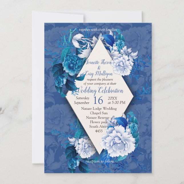Invitation Fleurs de rose blanche sur papier motif bleu (Devant)