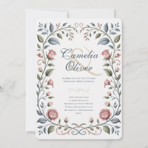 Invitation Fleurs de rose botaniques victoriennes rose bleu