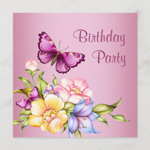 Invitation Fleurs de rose doré papillon fête d'anniversaire d