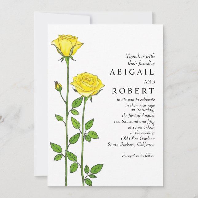 Invitation Fleurs de rose jaune mariage fleuri romantique (Devant)