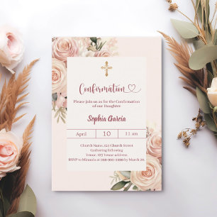 Invitation Fleurs de rose poussiéreuse ivoire Confirmation