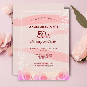 Invitation Fleurs de rose roseaux aquarelle rayures 50e anniv
