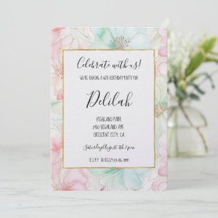Invitation Fleurs de rose saumon et menthe pour anniversaire